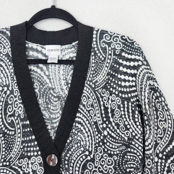 Chicos Sweater Women 0 Black White 4 3/4 Sleeve Cardigan Lightweight Linen Blend - Picture 2 of 11